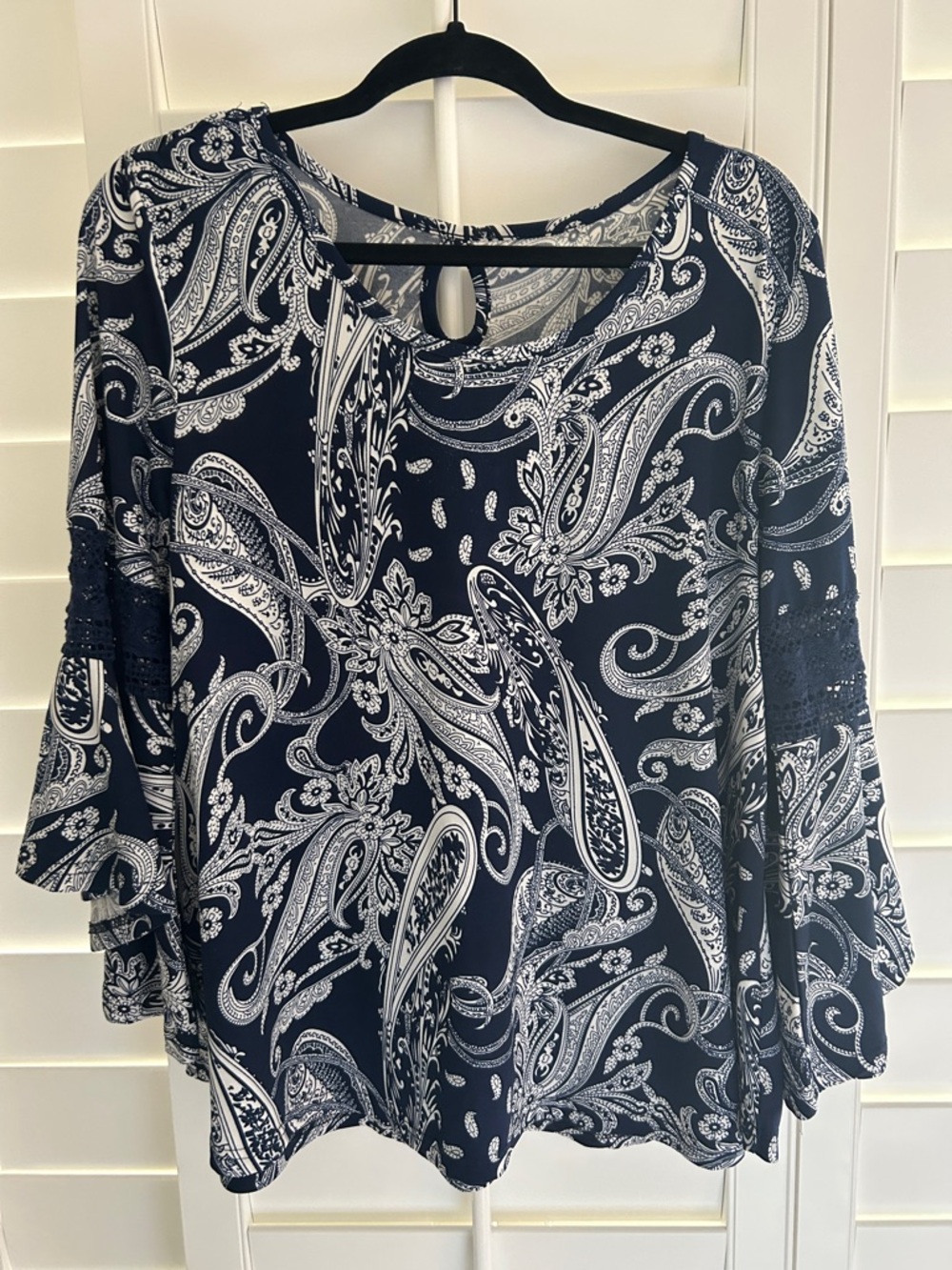 Paisley Print Navy Women's Blouse with Lace Sleeve Detail